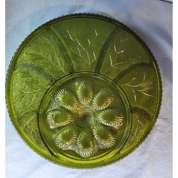 Green Relish Deviled Egg Tray Olive Divided Round Platter 8 Sections Vintage 13" - Picture 4 of 9